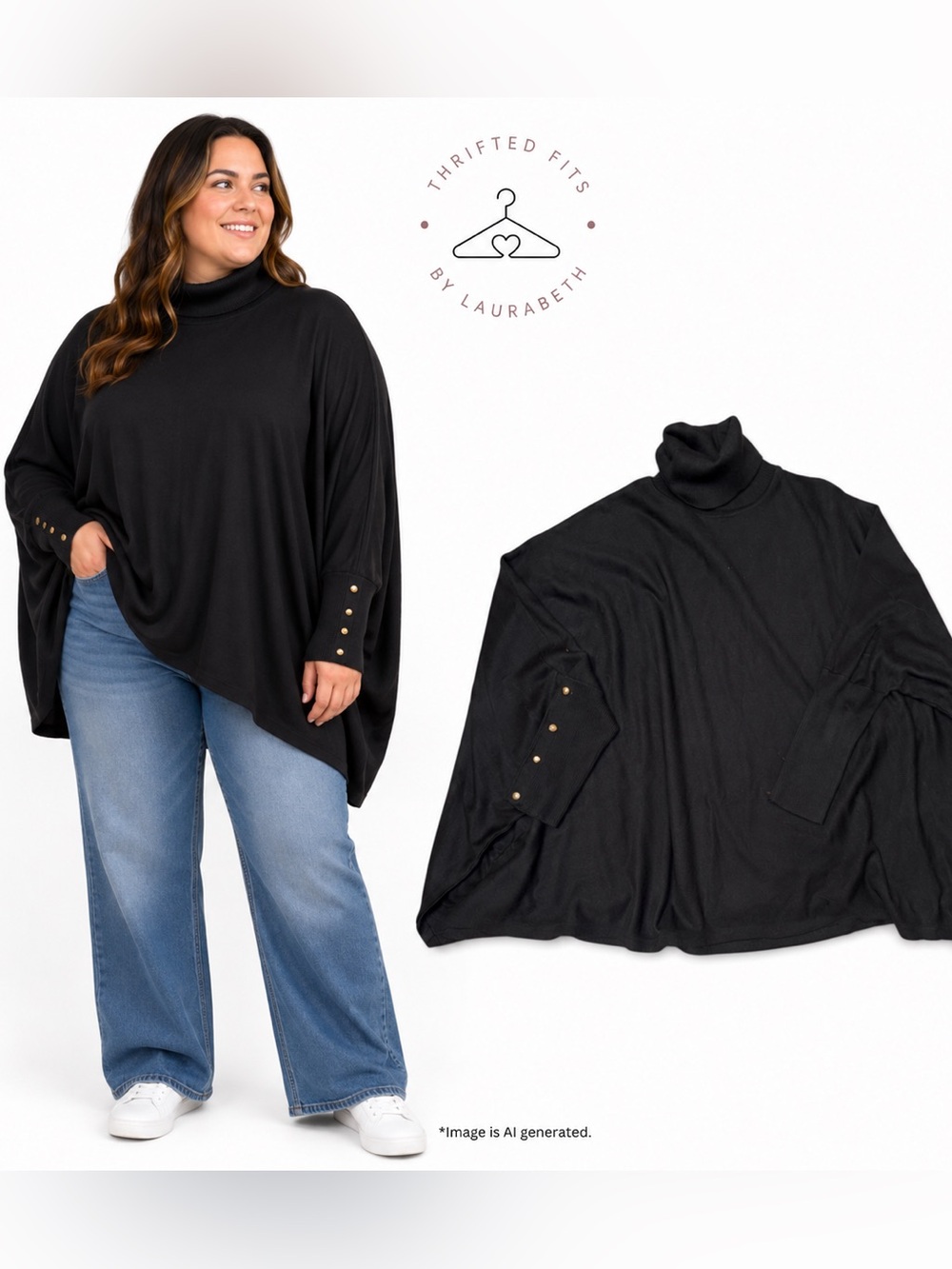 JM Collection Black Turtleneck Sweater with gold Button Cuffs